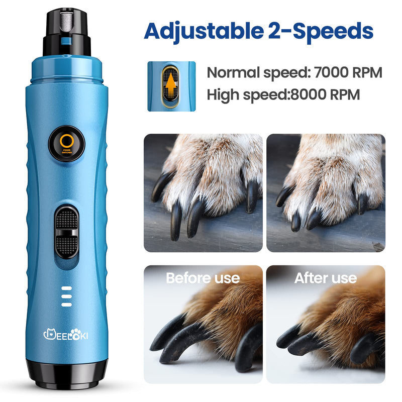 DEELOKI Dog Nail Grinder with LED Light Upgraded 2 Speeds Painless Pet Dog Nail Trimmers and Clipper Super Quiet Best Cat Dog Nail Clippers Kit for Large Small Dogs Pets Cats Breed Paws Quick Grooming Blue - BeesActive Australia