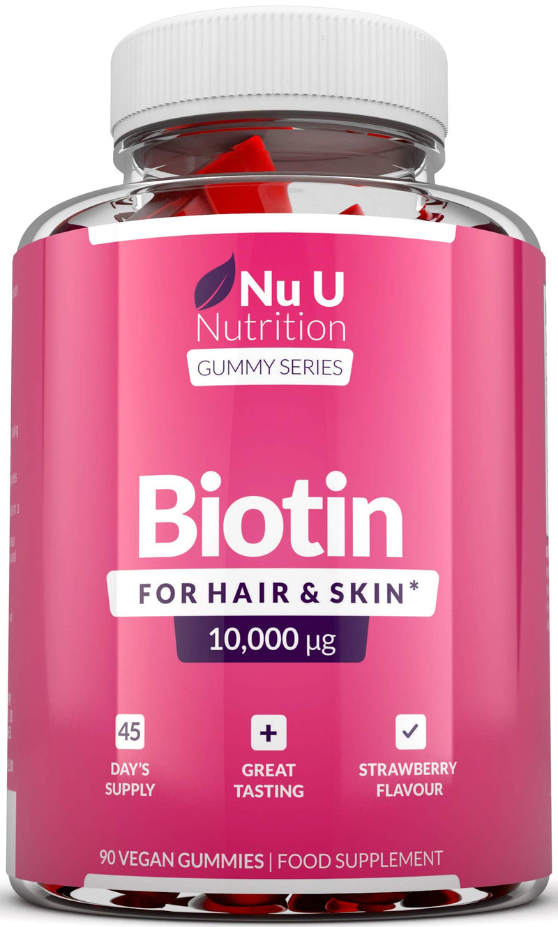 Biotin Hair Gummies 10,000mcg - 90 Vegan Gummies - 45 Day Supply - Strawberry Flavour - Supports Normal Skin & Hair Growth - Chewable Hair Vitamins - BeesActive Australia