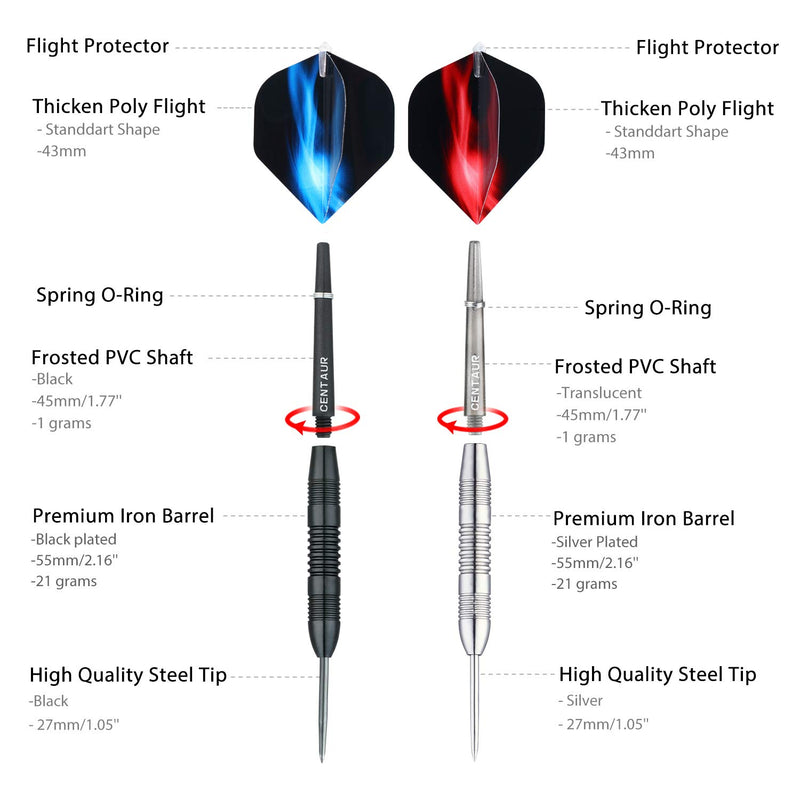 [AUSTRALIA] - CENTAUR 12 Pack Steel Tip Darts, Professional 22 Grams Metal Dart Set with Frosted PVC Shafts and 5 Style PET Flights and Dart Case, Flight Protector Dart Board Kit Accessories, Silver & Black 