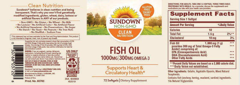 Fish Oil by Sundown, Dietary Supplement, Omega 3, Supports Heart Health, Non-GMO, Free of Gluten, Dairy, Artificial Flavors, 120+24 Bonus Softgels 72 Count (Pack of 1) - BeesActive Australia