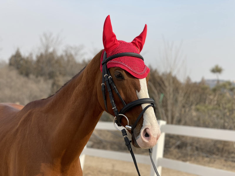 TGW RIDING Horse Ear Bonnet/Net/Hat/Horse Hood/Mask Horse Veil Horse Ear Bonnet Full Red - BeesActive Australia