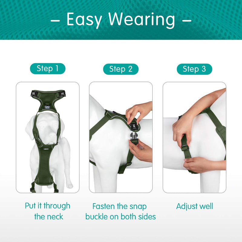 PoyPet Reflective Soft Breathable Mesh Dog Harness Choke-Free Double Padded Vest with Adjustable Neck and Chest Medium Military Green - BeesActive Australia