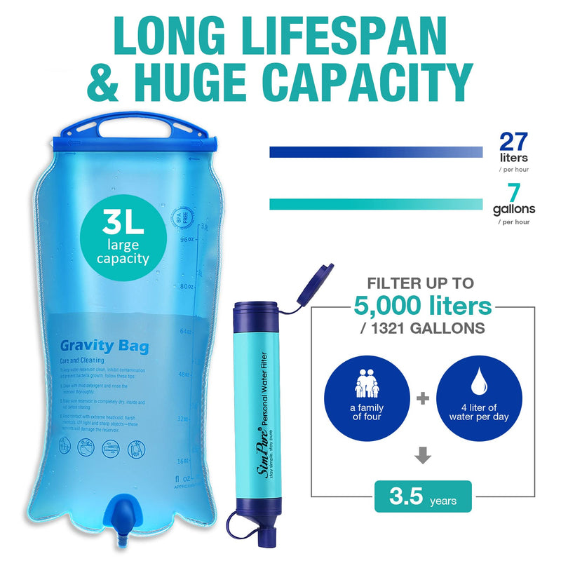 SimPure Gravity Water Filter, Portable Gravity-Fed Water Purifier with 3L Gravity Bag, Tree Strap, BPA Free Survival Gear and Equipment for Camping Hiking Emergency Preparedness - BeesActive Australia