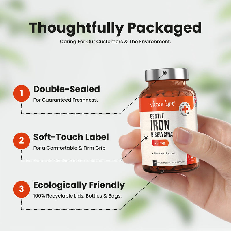 Gentle Iron Tablets 28mg - 180 Vegan Tablets (3 Month Supply of Iron Supplements) Gentle Iron Bisglycinate Chelate for Men & Women. 200% NRV Iron Pills for Tiredness & Fatigue, Blood & Immune System - BeesActive Australia