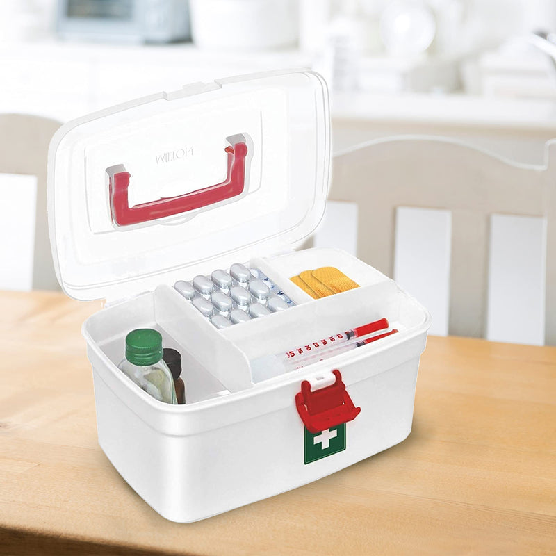 Milton Medical Box, First Aid Box with Portable Handle, Family Emergency Kit, Detachable Tray, 2 Layer Storage, Multi-Purpose Box, Emergency Medical Transparent Lid Box, Easy Accessibility, White First Aid Box-2 - BeesActive Australia