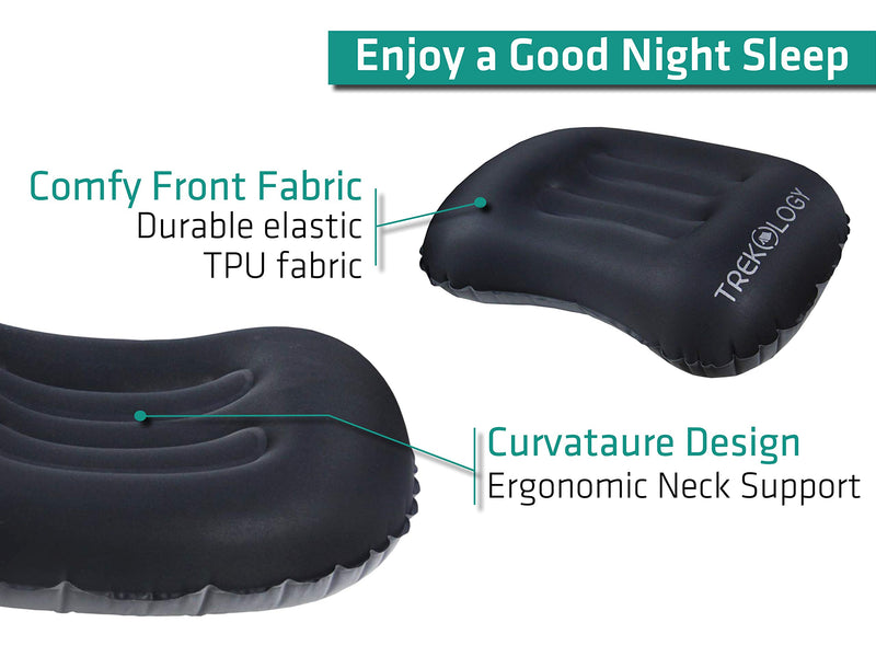 TREKOLOGY Ultralight Inflating Travel/Camping Pillows - Aluft 1.0 Compressible, Compact, Inflatable, Comfortable, Ergonomic Pillow for Neck & Lumbar Support While Camp, Hike, Backpacking Black - BeesActive Australia