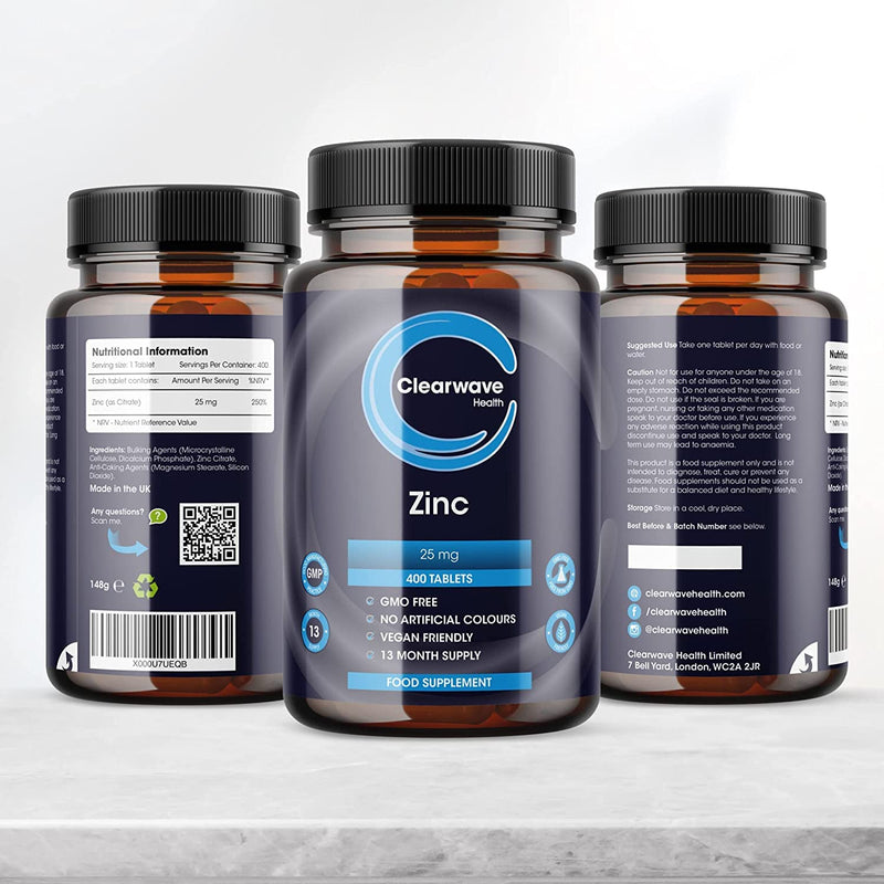High Strength Zinc Tablets - 400 Vegan Zinc Tablets 1+ Year Supply - 25mg Zinc (max Safe Daily dose) per Tablet - Zinc Supplements for Skin, Hair and Nails - Immunity Supplement for Men and Women - BeesActive Australia