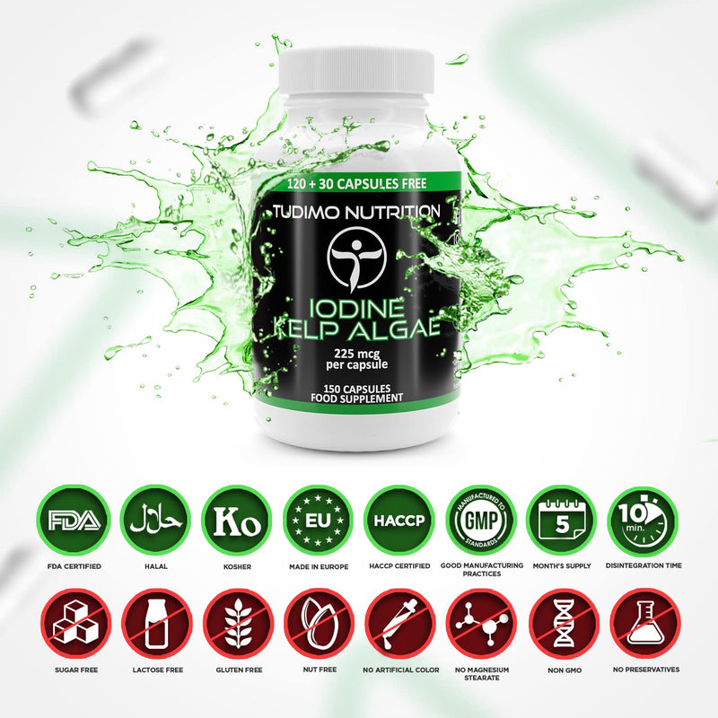 Iodine Sea Kelp Capsules - 225mcg of Kelp Algae Extract - 150 pcs (5 Month Supply) of Rapidly Disintegrating Capsules, Each with 225 mcg of Premium Quality & Pure Iodine SeaKelp Powder - BeesActive Australia