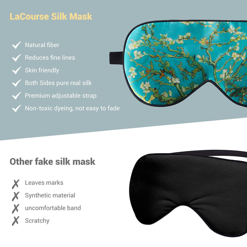 LaCourse 100% Natural Mulberry Silk Eye Mask for Sleeping with 4Pair EarPlugs & Travel Pouch, Both Sides 19 Momme Organic Silk, Adjustable Silk Sleep Eye Mask for Women, Green-Floral Green Floral With 4pair Earplugs - BeesActive Australia