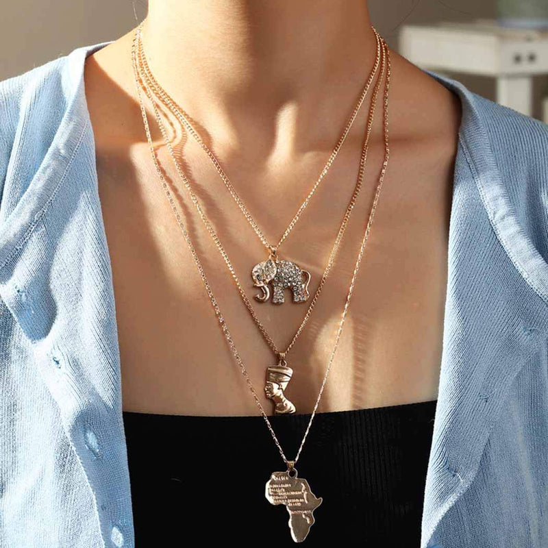 Sakytal Vintage Layered Crystal Necklace Gold Elephant Pendant Necklaces Egyptian Pharaoh Necklace Chain Jewelry Dainty Accessory for Women and Girls - BeesActive Australia