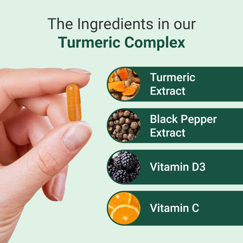 Hey Nutrition Turmeric Extract Complex - Vitamin D3 & C, Black Pepper Extract - Support Muscle & Joint Relief - Maximum Potency & Enhanced Absorption - UK Manufactured - 60 Vegan Capsules 60 Count (Pack of 1) - BeesActive Australia