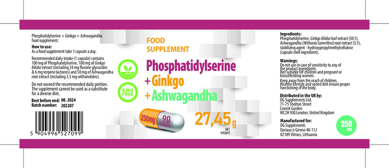 Hepatica Phosphatidylserine + Ginkgo Biloba + Ashwagandha 250mg 90 Vegan Capsules, 3rd Party Lab Tested, High Strength Supplement, Gluten and GMO Free - BeesActive Australia