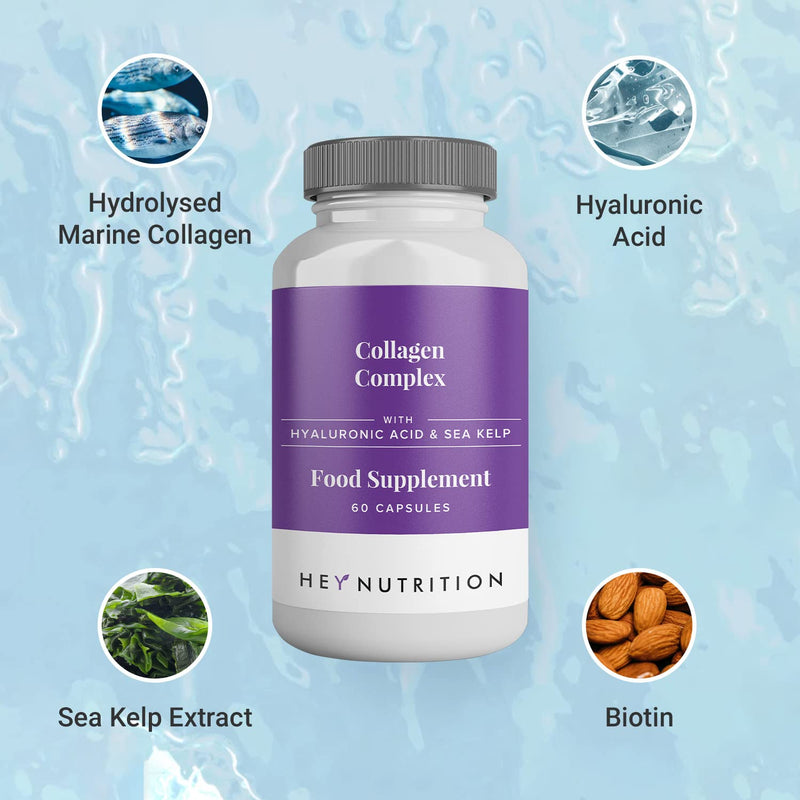 Hey Nutrition Collagen Complex Hyaluronic Acid & Sea Kelp Vitamin E, C, Biotin - Healthy Nails, Skin, Hair Joints Metabolism - Type 1 Marine Supplement - Non GMO, 60 Capsules 60 Count (Pack of 1) - BeesActive Australia