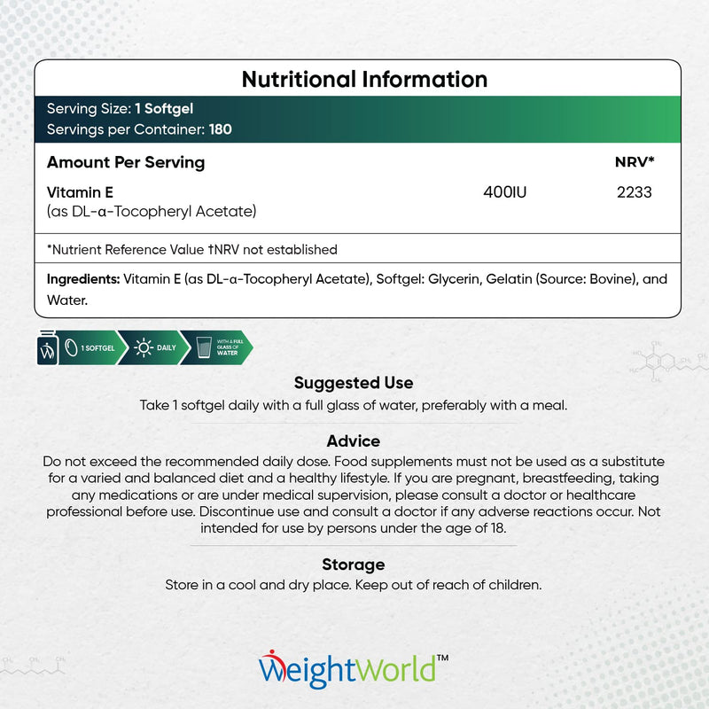 Vitamin E Capsules Softgels 400IU (Advised Intake) - 180 Vit E Softgels (6 Month Supply) - High Strength Vitamin E Oil Capsule - Hair Nail Skin Supplement - Natural Alpha Tocopheryl (Not Vit E Tablet) - BeesActive Australia