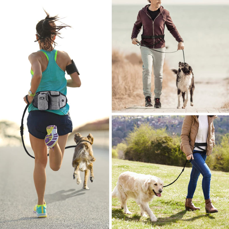 Pecute Hands Free Dog Leash with Multi Pouches, Strong Shock Absorbing Bungee Dog Leash with Reflective Stitches, 2 Handle Dog Waist Belt Leash for Running Hiking Walking Large Gray - BeesActive Australia