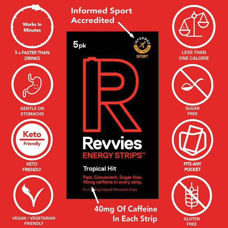 Revvies Energy Strips | Tropical Hit | 50 Strips | 40mg Caffeine Strip | 2 Strip = Coffee/Energy Drink | Less Than 2 Calories | Vegan | 10 x 5PK… - BeesActive Australia