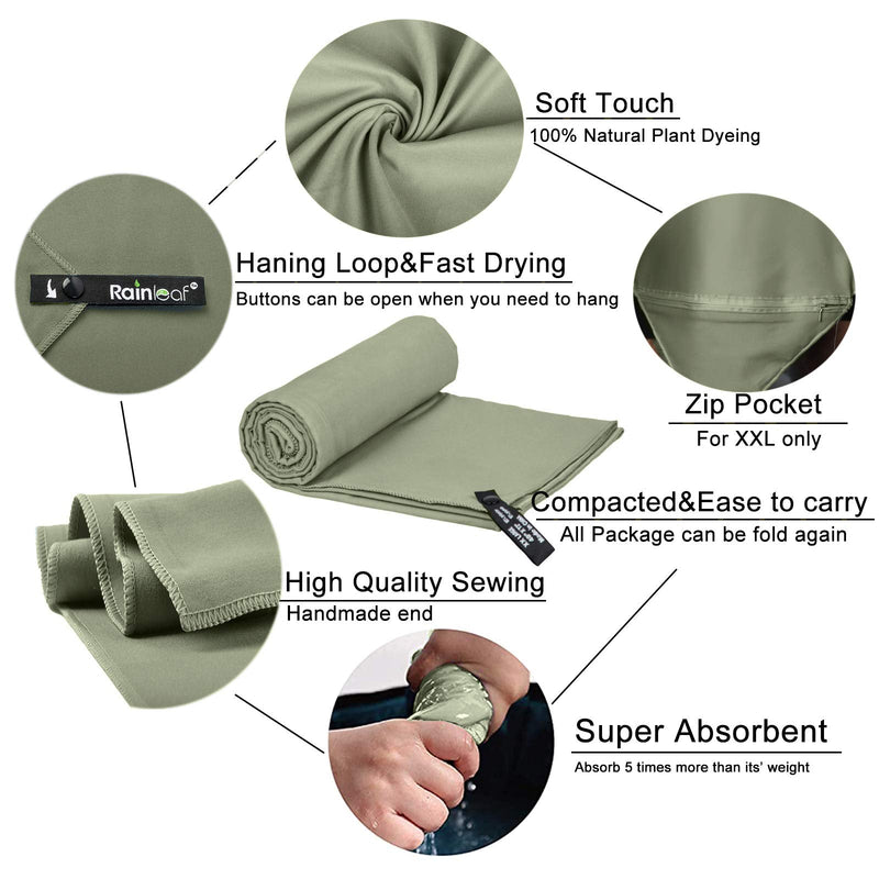 Rainleaf Microfiber Towel Perfect Travel & Sports &Beach Towel. Fast Drying - Super Absorbent - Ultra Compact. Suitable for Camping, Backpacking,Gym, Beach, Swimming,Yoga Army Green X-Small (12 x 24 inches) - BeesActive Australia