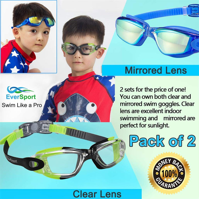 [AUSTRALIA] - EverSport Kids Swim Goggles, Pack of 2 Kids Swimming Goggles, Crystal Clear Swimming Goggles for Children and Teens, Anti-Fog Anti-UV Youth Swim Glasses, Leak Proof, Soft Silicone Frame, for 4-16 Y/O Green/Black & Mirrored Blue 