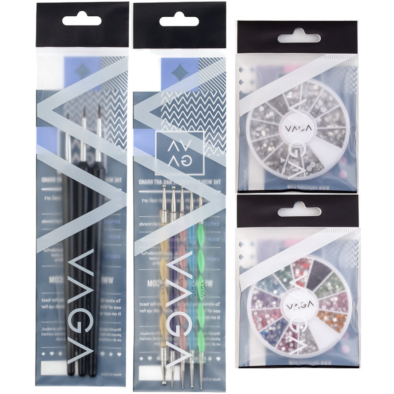 VAGA Nail Art Supplies Acrylic Nail Kit With 5 Nail Dotting Tools, Nail Art Brushes 3pc Nail Brush Set, Nail Gems And Rhinestones, A Professional Manicure Tool Acrilycs Nails Kit With Nail Jewels Set - BeesActive Australia