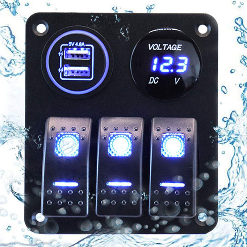 3 Gang Waterproof Marine Boat Rocker Switch Aluminum Panel, DC 12V/24V 5 Pin ON-Off Switch, with Upgrade Arc LED Digital Display Voltmeter and 4.8A Dual USB Slot Socket for Boat Car Rv Vehicles Truck - BeesActive Australia