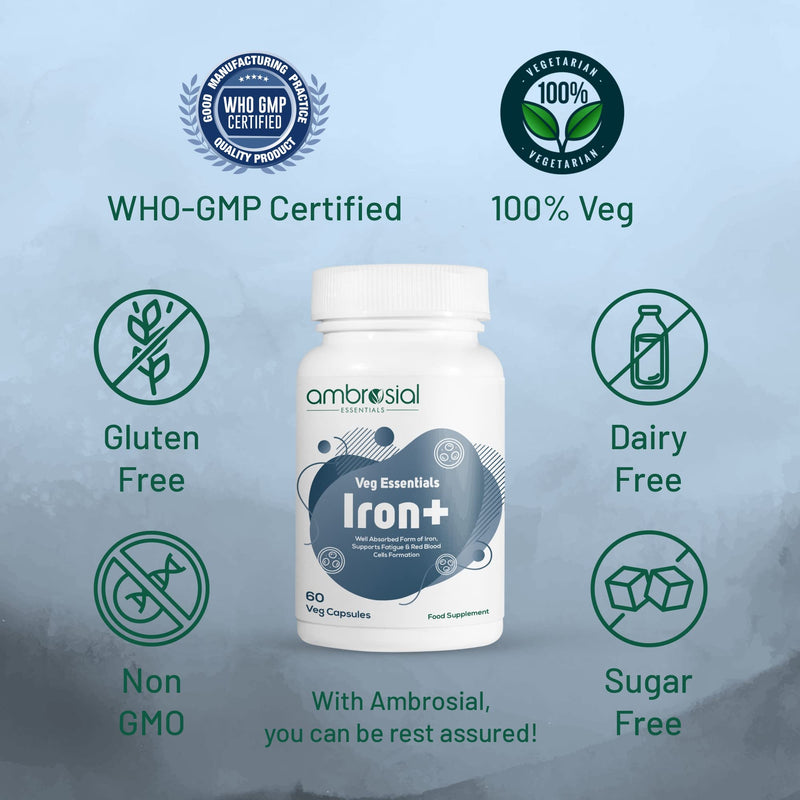 Ambrosial Iron Tablets High Strength 25mg| Iron Supplements for Women & Men Blood Support & Helps Reduce Tiredness & Fatigue | Enhanced Absorption & Non - Constipating (Pack of 1-60 Capsules) - BeesActive Australia