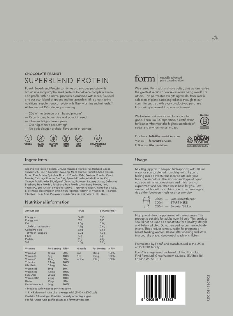 Form Superblend Protein - Vegan Protein Powder with Superfoods, Vitamins and Minerals (Chocolate Peanut) Chocolate Peanut 520g - BeesActive Australia