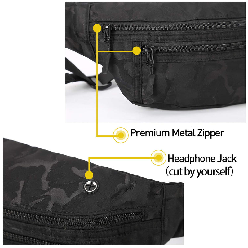 [AUSTRALIA] - Large Black Waist Bag Fanny Pack for Men Women Belt Bag Pouch Hip Bum Bag Chest Sling Bag with Headphone Jack, Premium Waterproof Lightweight Fanny Pack for Sport Gym Workout Travel Work Commuting 