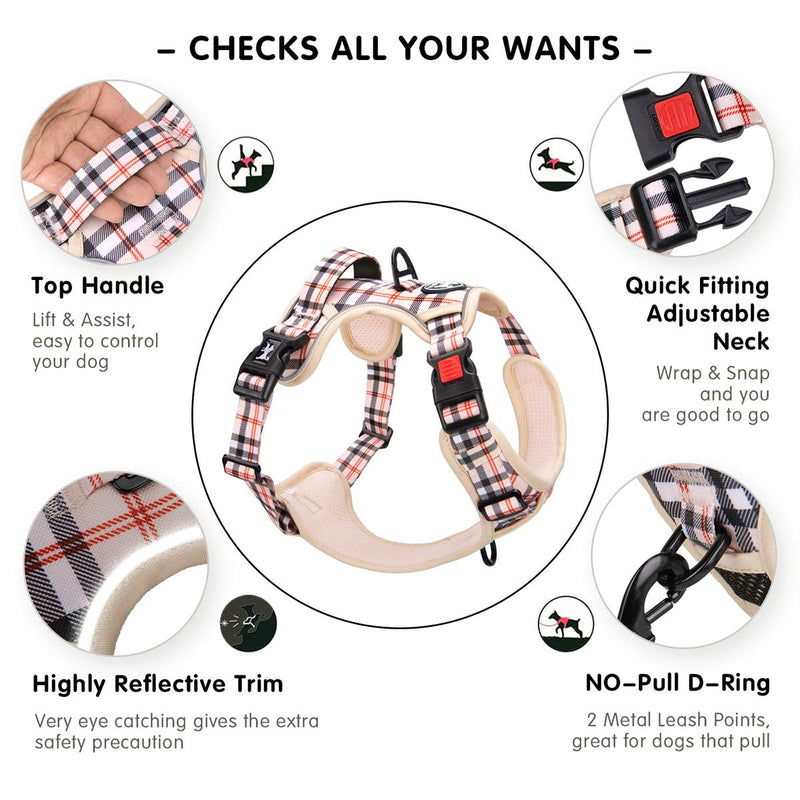 PoyPet No Pull Dog Harness, [Release at Neck] Reflective Adjustable No Choke Pet Vest with Front & Back 2 Leash Attachments, Soft Control Training Handle for Small Medium Large Dogs S Checkered Beige - BeesActive Australia