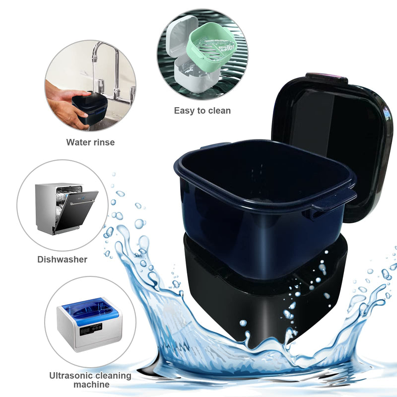 DIDATOOL Retainer Case, Denture Bath, Denture Cups for Soaking Dentures, Denture Pots with Lid, Easy to Carry and Clean Denture Case with Removable Rinse Basket and Finger Toothbrush (Black) Square Black - BeesActive Australia