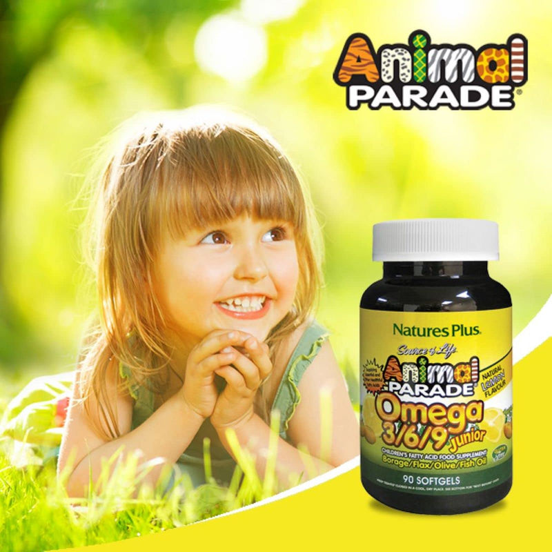 NaturesPlus Animal Parade Omega 3 6 9 Junior - Plant and Fish Oil for Kids - Healthy Brain Function - Natural Lemon Flavour - Gluten Free - 90 Softgels - BeesActive Australia