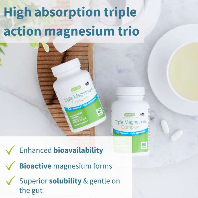 Triple Magnesium Complex, 2000mg Magnesium Glycinate, Magnesium Citrate & Magnesium Taurate, Chelated Magnesium Supplements, 262mg Elemental Magnesium Tablets, Vegan, 30 Servings, by Igennus 60 Count (Pack of 1) - BeesActive Australia