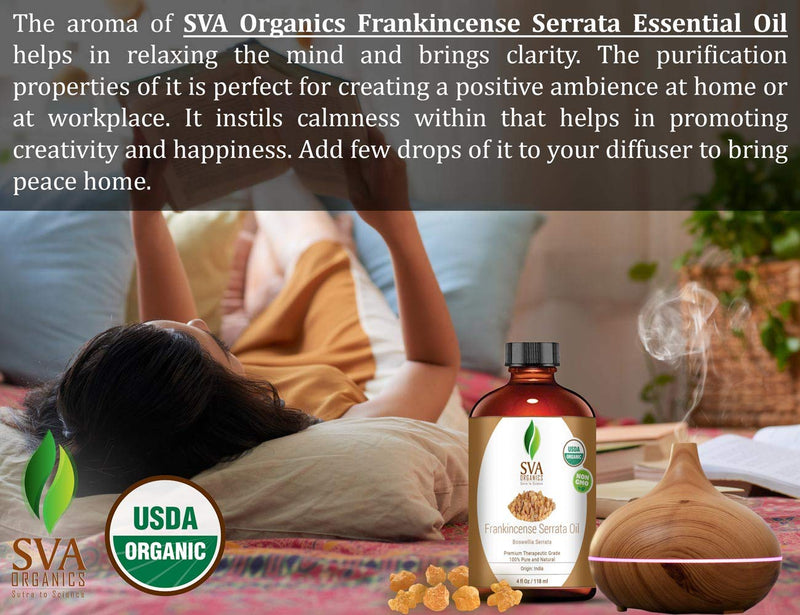 SVA Organics Frankincense Essential Oil 4 Oz USDA Organic Boswellia Serrata Pure Natural Undiluted Oil for Face Cream, Skin Care, Body Oil, Shampoo - BeesActive Australia