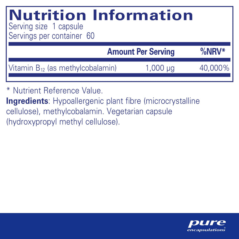Pure Encapsulations - Vitamin B12 Methylcobalamin 1000 UG - Advanced Vitamin B12 for a Healthy Nervous System - 60 Capsules - BeesActive Australia