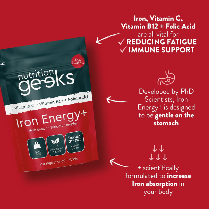 Iron Tablets High Strength Tablets with Vitamin C, B12 & Folic Acid - 120 Vegan Supplements for Women and Men - 14mg Iron Vitamin for Enhanced Energy Support & Increased Absorption | UK - BeesActive Australia