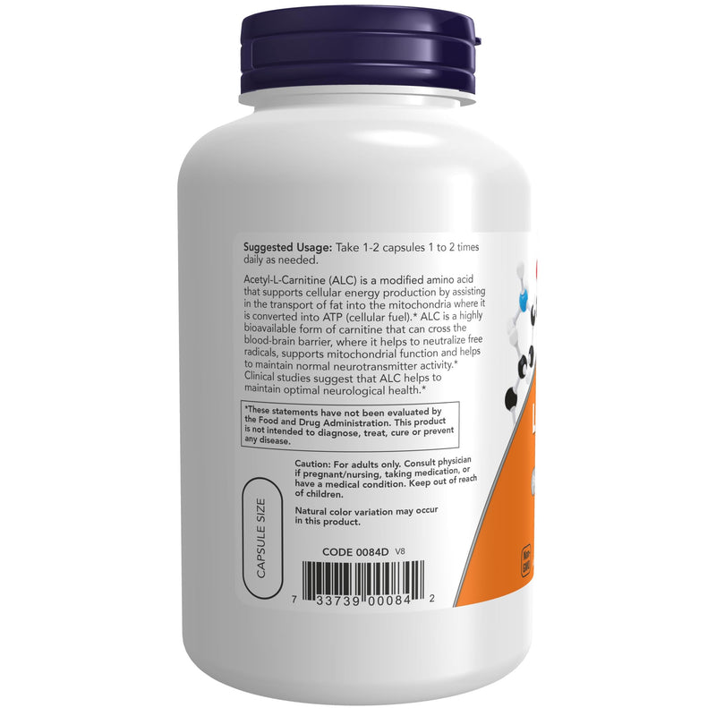 NOW Supplements, Acetyl-L Carnitine 500 mg, Amino Acid, Brain And Nerve Cell Function*, 200 Veg Capsules 200 Count (Pack of 1) - BeesActive Australia