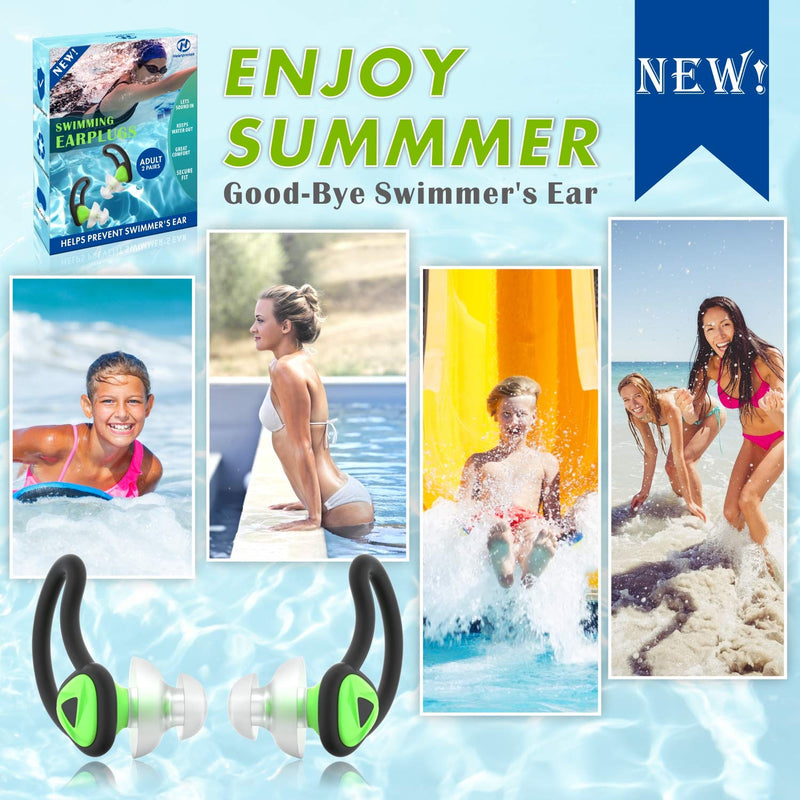 [2 Pairs] Ear Plugs for Swimming, Hearprotek Swim Ear Plugs Adults-Waterproof Silicone Water earplugs for Men Women Juniors Swimmers Pool Shower Bathing (Green) Green - BeesActive Australia