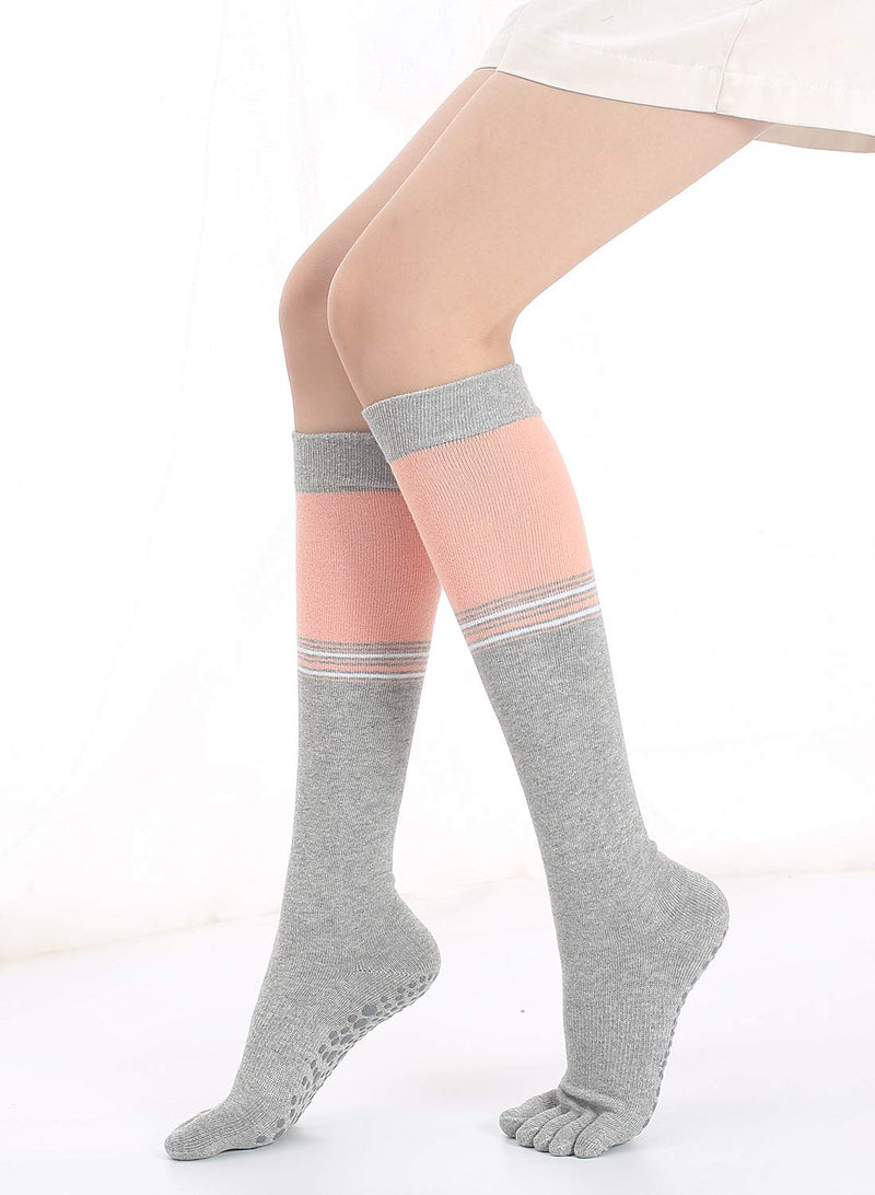 Yoga Socks for Women Non Skid Thigh Highs Knee High Pilates Ballet Dance Toeless and Five Toes Long Calf Socks Striped Light Grey - BeesActive Australia