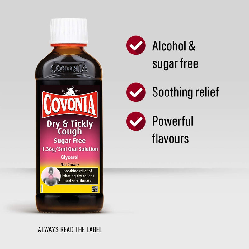 Covonia Dry Tickly Cough Sugar Free Oral Solution, Soothes The Symptoms Of Cough And Sore Throat, 150 ml 150 ml (Pack of 1) - BeesActive Australia