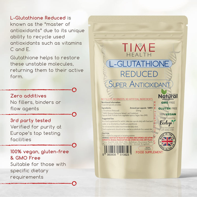 Glutathione Reduced - 320mg - UK Made - Zero Additives - Vegan - Pullulan (120 Capsule Pouch) 120 Capsule Pouch - BeesActive Australia