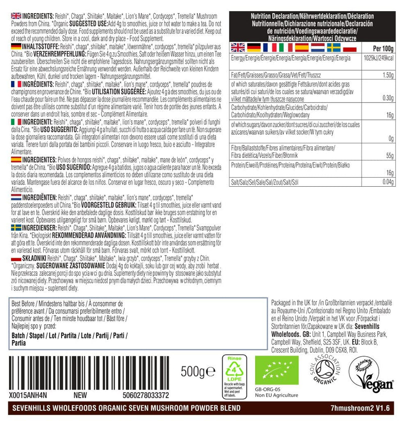 Sevenhills Wholefoods Organic 7 Mushroom Blend Powder 500g with Reishi, Chaga, Shiitake, Maitake, Lion's Mane, Cordyceps & Tremella 500 g (Pack of 1) - BeesActive Australia