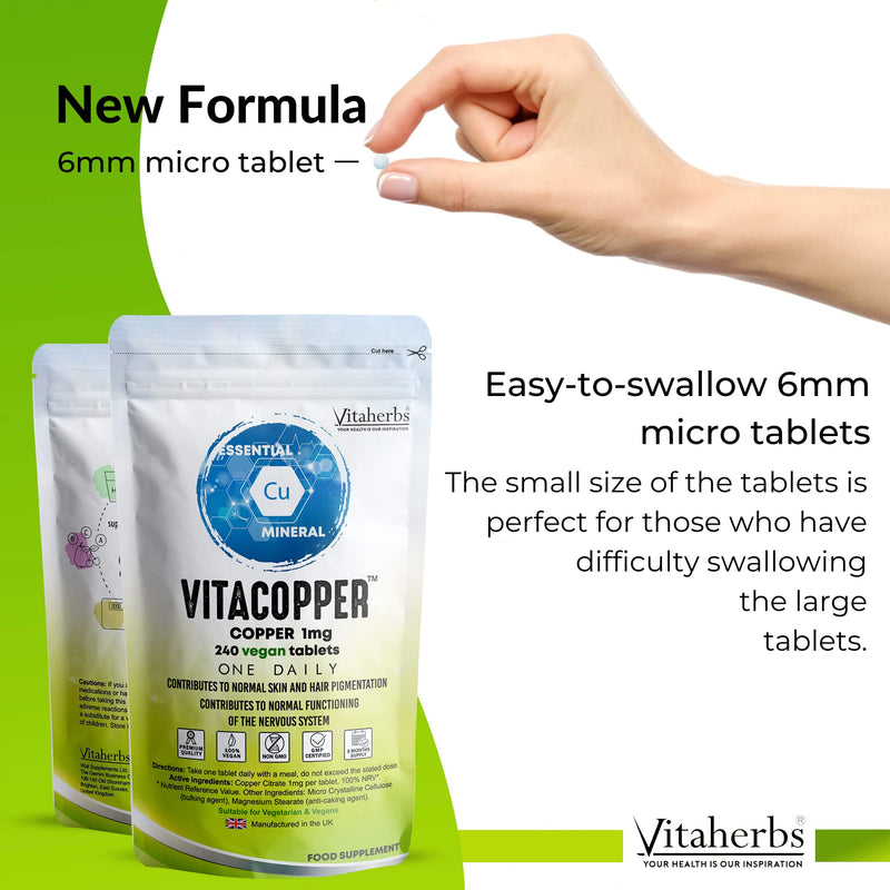 Copper Supplement 1000 mcg 240 Vegan Tablets � Copper tablets � 8 Month Supply-Contributes To Normal Hair And Hair Pigmentation | Nervous System | Immune System | Copper 1mg - Vitacopper by Viateherbs - BeesActive Australia