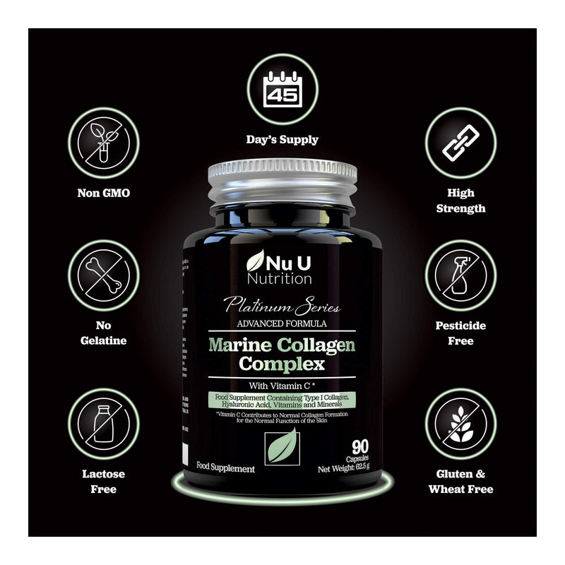 Marine Collagen Supplement 1350mg - 90 Hydrolysed Collagen Capsules not Tablets - Type 1 Marine Collagen - Enriched with Vitamin C, Vitamin E & Hyaluronic Acid - for Hair, Nails and Skin - BeesActive Australia