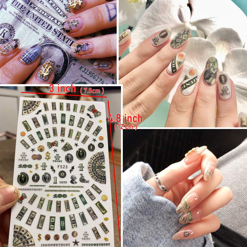 4 Sheets Nail Art Decals of 100 Dollar Sign Bill Nail Accessories Paper Money Design Treasure Currency Nail Stickers Tip Dollar Designs - BeesActive Australia