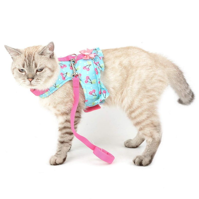 SMALLLEE_LUCKY_STORE Bow Flower Striped Print Cat Small Dog Harness Dress with Leash for Girls Adjustable No Pull Escape Proof Soft Walking Jacket Waterproof Puppies Kitten Harness Vest Outdoor M(chest 16.5-17.5 Inch) blue cherry - BeesActive Australia