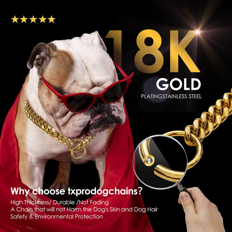 txprodogchains 18K Gold Chain Dog Collar 10MM Cuban Link Chain Stainless Steel Metal Links Walking Training Collar for Small Medium Large Dogs 10in to 24in 20" (Neck Fits 16"-18") - BeesActive Australia