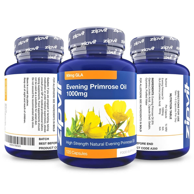 Zipvit Evening Primrose Oil 1000mg, 120 Capsules. Omega 6 90mg. Linoleic Acid 650mg. Supports Maintenance of Normal Blood Cholesterol. 4 Months Supply. UK Supplier. Jar of 120 Softgel Capsules - BeesActive Australia