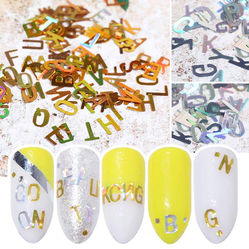 Letter Nail Art Glitter Sequins - 3D Holographic Laser English Alphabet Nail Sequins - 12Colors Nail Decal Letters - Colorful Nail Paillettes Flakes for Acrylic Nail Art Decoration Nail Art Designs - BeesActive Australia