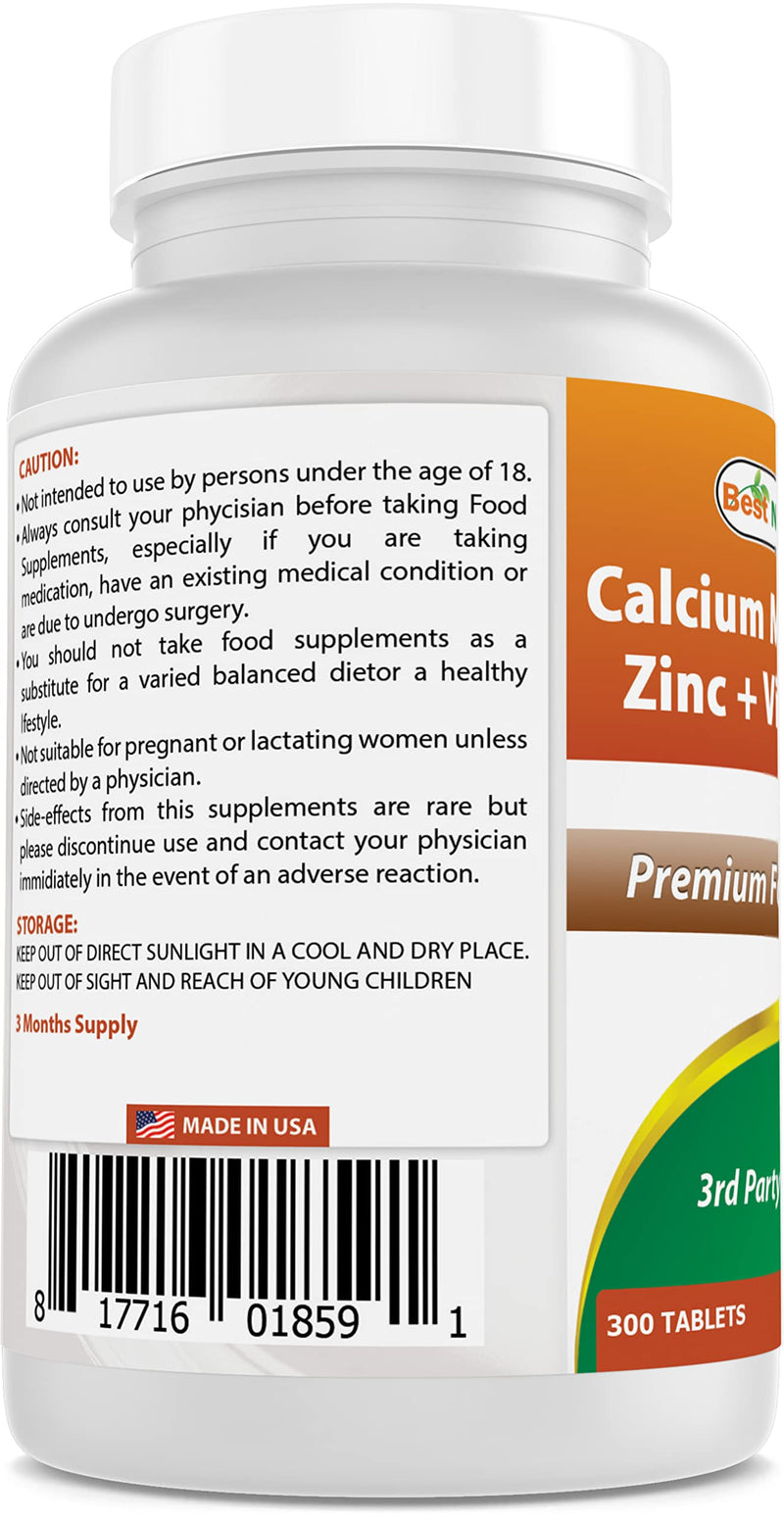 Best Naturals Calcium Magnesium Zinc with Vitamin D3, 300 Tablets - Calcium 1000 mg, Magnesium 400 mg, Zinc 25 mg & D3 600 IU per Serving (3 Tablets) - BeesActive Australia