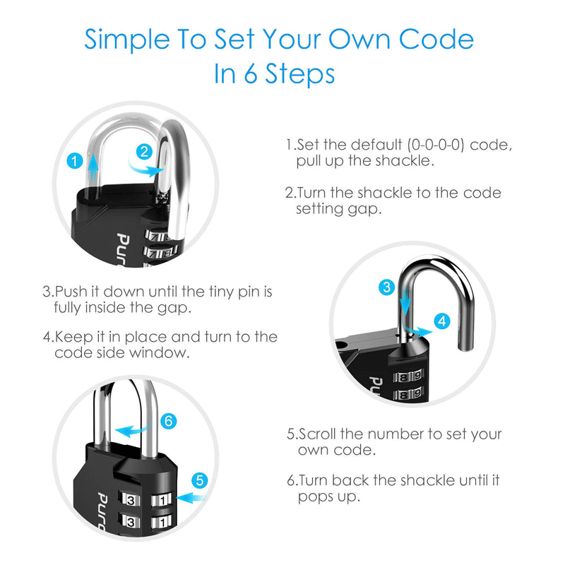 Puroma 4 Pack Combination Lock 4 Digit Outdoors Padlock for School Gym Locker, Sports Locker, Fence, Toolbox, Case, Hasp Storage (Black) Black - BeesActive Australia