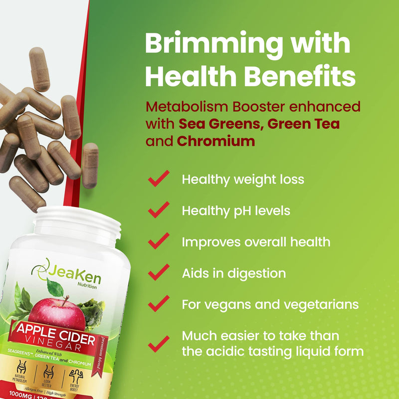 JeaKen - Apple Cider Vinegar with Seagreens and Green Tea, Apple Cider Vinegar Gummy and Apple Cider Vinegar Tablets Alternative, Supports Metabolism, Slimming, Energy and Detox, 1000mg, 120 Capsules 120 Count (Pack of 1) - BeesActive Australia